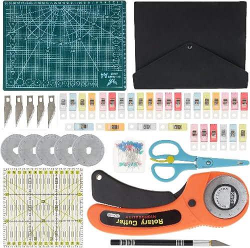 TourKing Rotary Cutter Set 96PCS Quilting Kit with 45mm Fabric Cutters, A4 Cutting Mat, Acrylic Ruler, Craft Clips & Storage Bag for Sewing, Patchworking