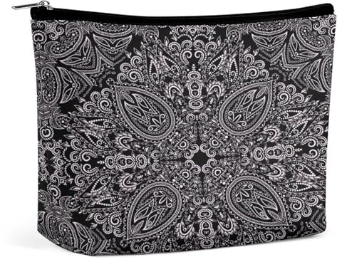 Bolsa de cosméticos portátil con estampado de pañuelos de cachemira negra, bolsa de almacenamiento multifunción, bolsa de maquillaje de PU, organizador de papelería con cremallera para reuniones de of