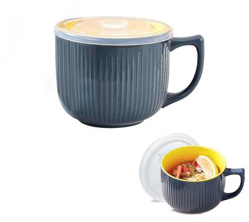 Imuounl 900ml Soup Bowl with Handles - Microwave Safe Mug with Lid for Noodles, Porridge, Ramen (Grey)