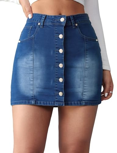 Panegy Dam bodycon denim minikjol elastisk hög midja kort penna jeanskjolar med ficka sexig vardagskläder streetwear, Mörkblått, M