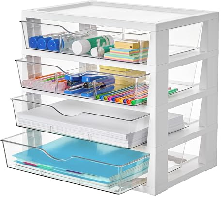 Vtopmart Clear Desk Organizer, 4-Tier Assemble Desktop File Organizer with Drawers, Office Desk Organization for Office Supplies