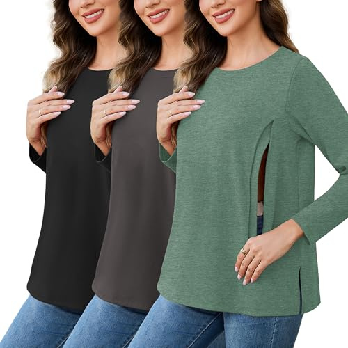 Love2Mi Lot de 3 t-shirts d'allaitement pour femme avec fermeture éclair T-shirt d'allaitement ample Mode de maternité Hauts Haut d'allaitement de grossesse, L