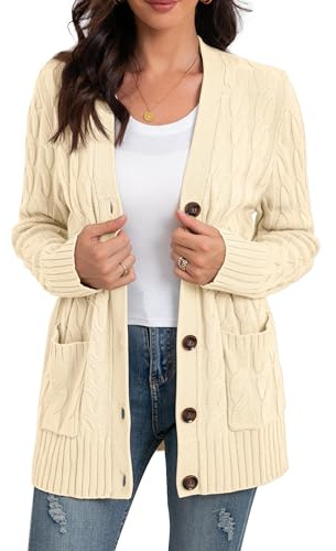 GRECERELLE Cardigans en tricot longs pour femmes avec poches et boutons - Pulls amples à manches longues pour dames - Pull tricoté oversized pour l'automne, l'hiver et le printemps, ecru, M