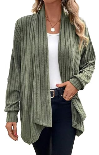 Chicrise Gilet Femme LéGer Elegant Cardigan Mi Saison Long Fluide Manteau DéContracté Chic VertArmée 2X-Grand 50-54 2XL