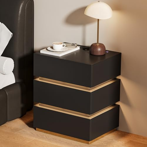 Homary Bedside Table Lumio 3-Drawer LED Smart Black Nightstand, with Bedside Drawers, Built-In LED Light, USB/Type-C/Wireless Charging, Modern Cabinet