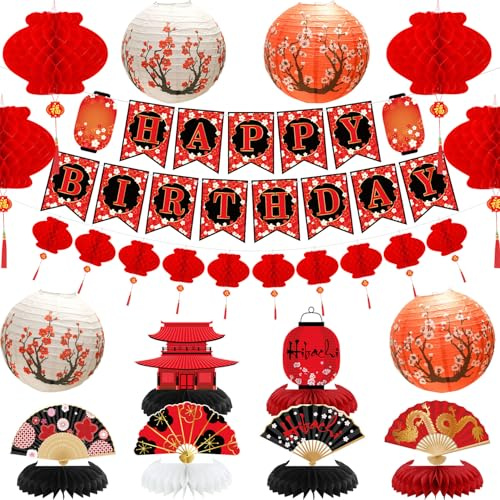 Decorazioni per feste Hibachi, striscione Happy Birthday, centrotavola pieghevoli a nido d'ape, lanterne giapponesi con motivi di fiori di ciliegio, lanterne rosse cinesi per decorazioni per feste