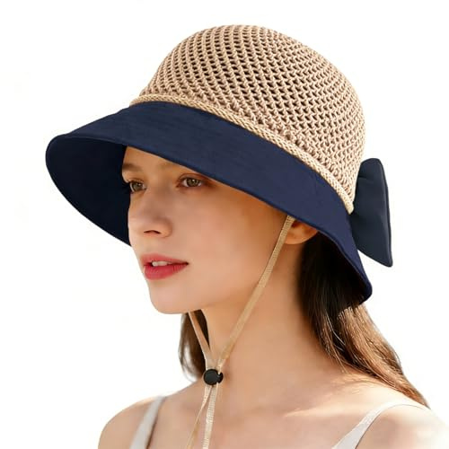 KXF Summer Beach Sun Hats for Women Ladies Foldable Sun Caps Lightweight Breathable Wide Brim Packable Outdoor UV Protection Navy