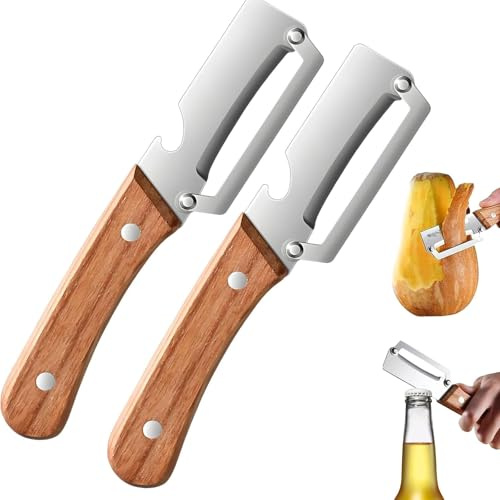 2-i-1 multifunktionell köksskalare med trähandtag, grönsaksskalare och flasköppnare för frukt, grönsaker och picknick, hållbart skalverktyg (2 st)