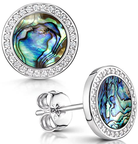 MATERIA Perlmutt Ohrringe Silber 925 - Damen Ohrstecker grün rund flach mit Zirkonia in Schmuck-Etui SO-394-Perlmutt