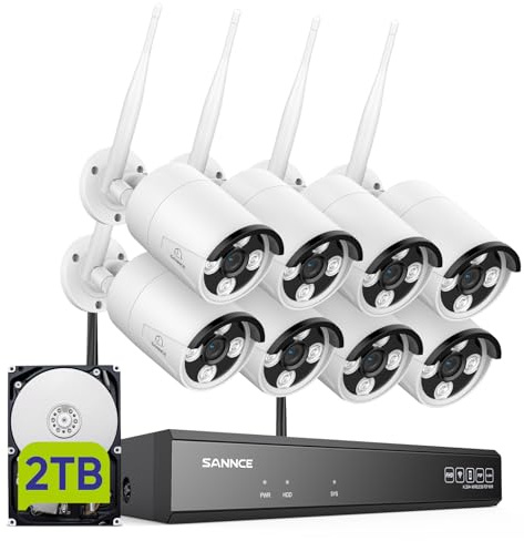 SANNCE 8CH Überwachungskamera System 5MP Wireless NVR mit 2TB Festplatte und 8x 3MP WiFi IP Kamera Aussen HD H.264+ Sicherheitssystem IR Nachtsicht/ Bewegungserkennung