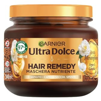 Garnier Ultra Dolce Maschera Nutriente, Per Capelli Secchi e Spenti, Azione In 1 Minuto, Con Olio di Argan Bio e Olio di Camelia, Gli Oli Meravigliosi, Hair Remedy, 340 ml
