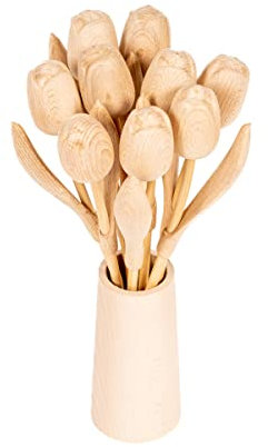 MomoMoments Holztulpenstrauß, Holzblumen, Holzdekoration, Holz-Kunstblumen, 9 Holztulpen, 34 cm, geschliffen, Blumenstrauß, Dekoration, Geschenk, naturbelassen