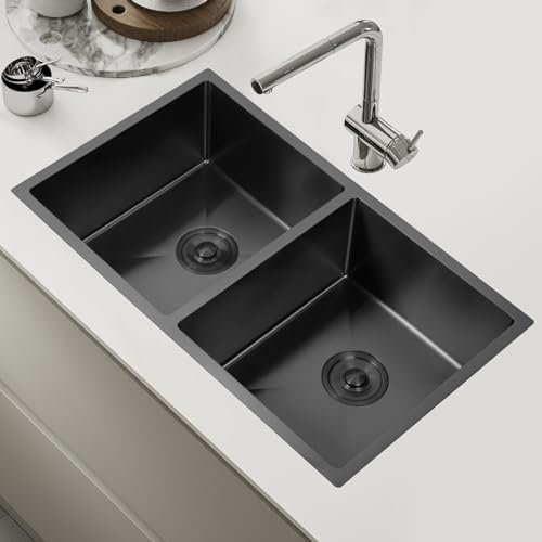 Snowtaros Fregadero Cocina 2 Senos 76x44cm, Fregadero de Cocina Negro de Acero Inoxidable, Fregadero Bajo/Encimera/Enrasado con Juego Desagüe (76 x 44 x 22cm)