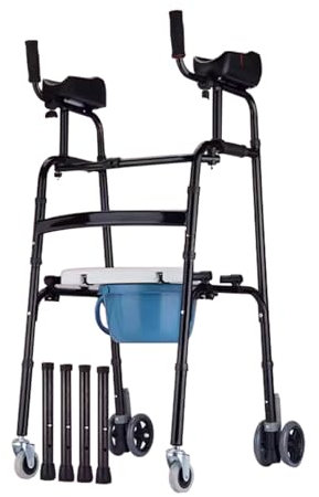 Gehgestell für Senioren,Gehwagen mit Armlehnen, verstellbare Standard-Gehhilfe mit Sitz und Toiletteneimer, Gehbock mit Rollen Klappbar, faltbarer Aluminium-Rehabilitations-Hilfsrahmen mit Leichtmet