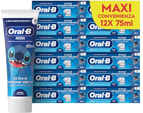 Oral-B Dentifricio Pro Junior 12x75ml, Dentifricio per Bambini dai 6 anni in su, Formato Convenienza Denti Forti, Prevenzione Carie, Sapore Delicato, Pulizia Denti Efficace