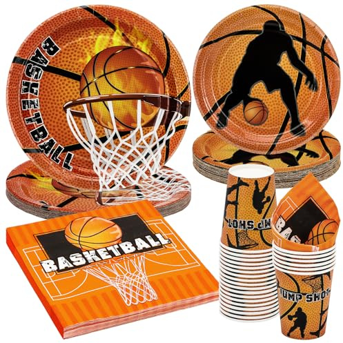 PARTY GO 96 Stück NBA Basketball Party Geschirr für 24 Gäste mit Papptellern, Tassen und Servietten für Sport Themed Geburtstag Baby Dusche Party Dekorationen