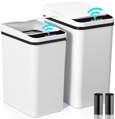 Pattumiera da bagno, bianco, 2 pezzi, 2 rotoli di sacchetti per la spazzatura interni, IPX 5, impermeabile, rilevatore di movimento, pattumiera con coperchio, plastica ultra sottile, sottile, adatta
