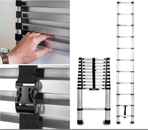 DRABEST - Escalera telescópica - Escalera Extensible - Escalera Plegable, Escalera de Aluminio, Plegable, Extensible - 11 peldaños - Altura 3,2m