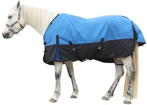 Gallopoff 1200D Coperta per cavalli resistente allo strappo senza imbottitura (0g), Coperta da esterno per cavalli leggera, impermeabile e traspirante, Blu-Nero 130 cm