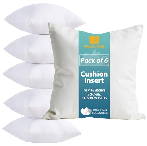 WANSHA HOME Cushion Inserts 45cm x 45cm (18 x 18 Inches) Pack of 6 Cushion Inner Pads - White Square Bounce Back Scatter Decorative Sofa Cushions Stuffer - Bed Couch Cushion Pillows