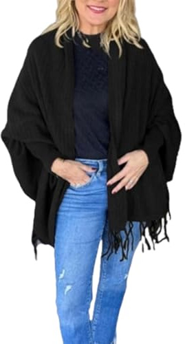 QKCQQTS Cardigan con nappe da donna, poncho, maglione, scialle da donna, cappotto aperto sul davanti, sciarpa con maniche (One Size,Black)