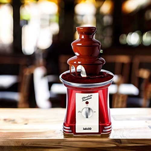 Salco Fuente de Chocolate | De 3 niveles | Estilo retro | Acero inoxidable | Con tornillo sin fin | 90W | Ideal para frutas, galletas y más | Fácil de limpiar | Rojo metálico