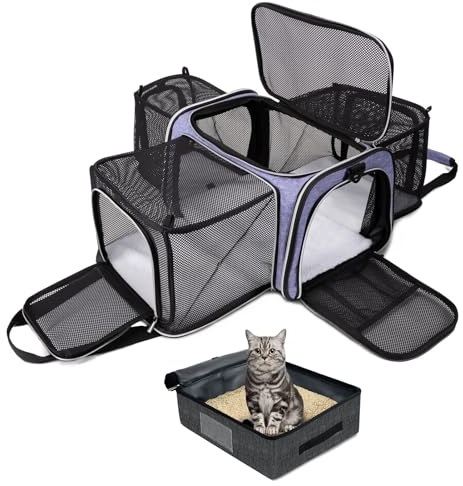 BAGLHER Expandable Cat Carrier with Travel Litter Box, Pet Travel 5 Sides Open Doors 3 Sides, Leak-Proof and Collapsible, for Car, Airplane Trip, Purple