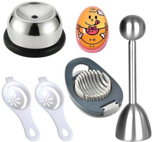 6 Pezzi Taglia Uovo Sodo Set, 1 Taglia Sode, 1 Cuoci, 1 Perforatore per Uova, 1 Apri Uova, 2 Separa Tuorlo da Albume, Materiale per Uso Alimentare, per Cucine e Ristoranti (Argento)