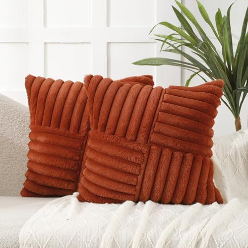 All Smiles Cushion Covers 45x45 cm Set of 2 Decorative Pillow Covers Faux Fur Soft Plush Striped Neutral Pillow case 18X18 Inch for Sofa, Bed, Living Room Home Decor,Rust
