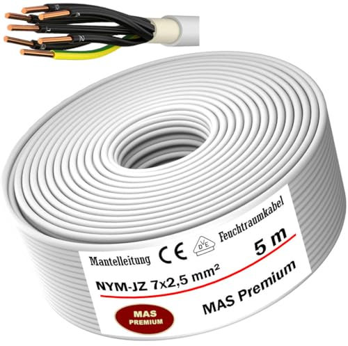 MAS Premium Câble d'alimentation pour pièces humides, 5-80 m, NYM-JZ, 7 x 2,5, câble d'alimentation électrique, câble d'installation OFC pour pose fixe (5 m)