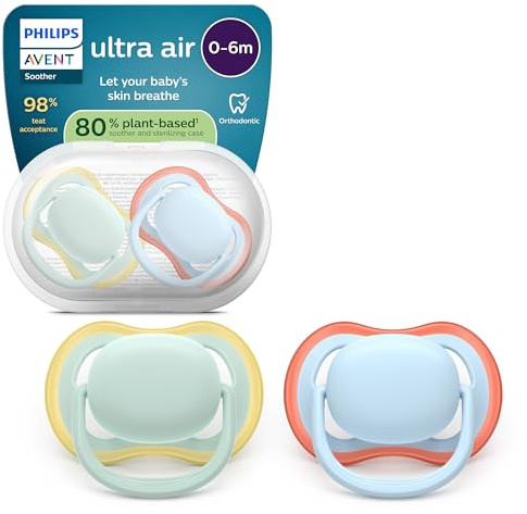 Philips Avent chupetes ultra air: diseño anatómico, para bebés de 0 a 6 meses, tetina simétrica de silicona suave, sin BPA, con estuche esterilizador, paquete de 2, SCF087/01
