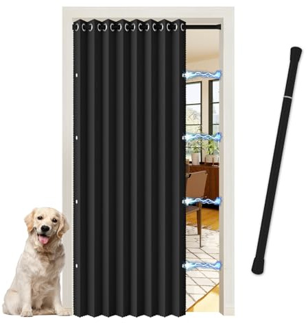 JCyh Cortina Acordeón para Puerta Interior Opaca- Cortina Térmica y Aislante Acústica con Barras Telescópicas - Look Lino para Cocina, Sala de Estar y como Separador de Ambientes, Negro