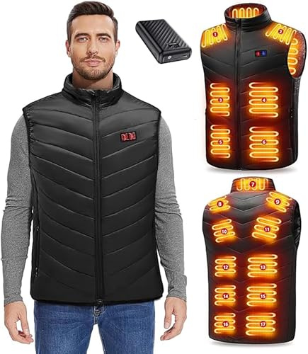 NEEMOSI Gilet Riscaldato con Batteria 7.4V 27000mAh, Giubbotto Riscaldante 17 Zone e 3 Livelli Temperatura Inverno Piumino Riscaldata Giacca Uomo Donna (IT, Testo, L, Regular, Regular, Nero profondo)