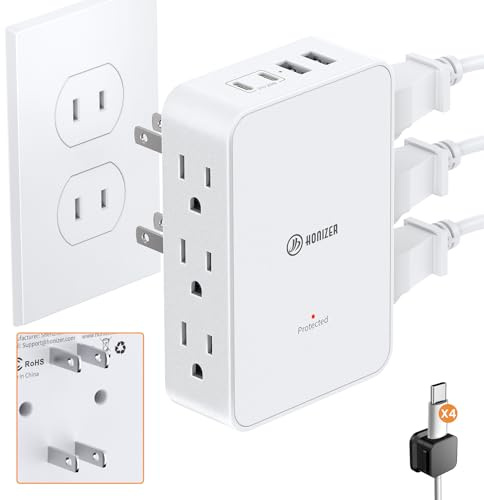 HONIZER 2 Prong to 3 Prong Outlet Adapter, 6 AC Side Outlets, PD 20W USB C, 2 Prong Power Strip with 4 Cable Clips, Multi Plug Outlet Splitter, Polarized Plug, Ideal for Old House