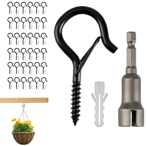 Gancho para atornillar, 36 unidades, color negro, con hebilla de seguridad, gancho de techo para cestas de plantas, nido para pájaros y campanas luminosas, contiene 1 taladro, atornillador eléctrico