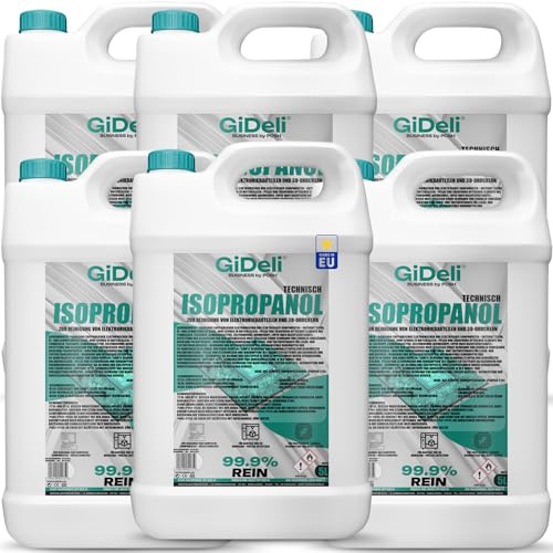 GiDeli Isopropanol 99,9 % 6 x 5 L – tekniskt restfri – produktion | Förpackningssed för hög daglig användning, löser upp fett, harts och limrester, torkar utan spår