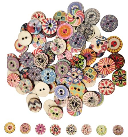 BIVYAX 100 Botones Redondos de Madera, Varios Volores y Tamaños, Diferentes Diseños, Ideales para Costura, Manualidades, Decoración y Proyectos de Bricolaje (15 mm y 20 mm, 50 Botones de Cada Tamaño)