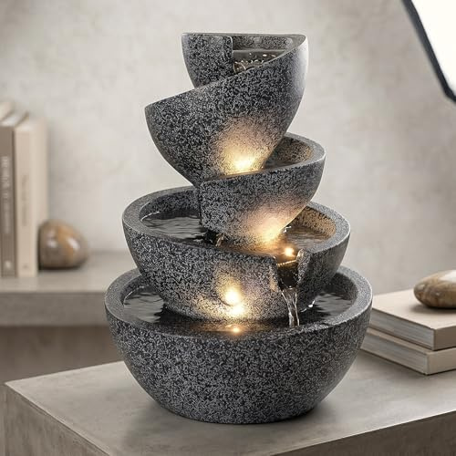 LED Zimmerbrunnen Springbrunnen Innen- & Außenbrunnen aus Polyresin, 39 cm hoch, mit warmweißen LED-Spots, Gartenbrunnen – Deko Brunnen für Wohnzimmer, Büro & Garten (Granit-Optik)