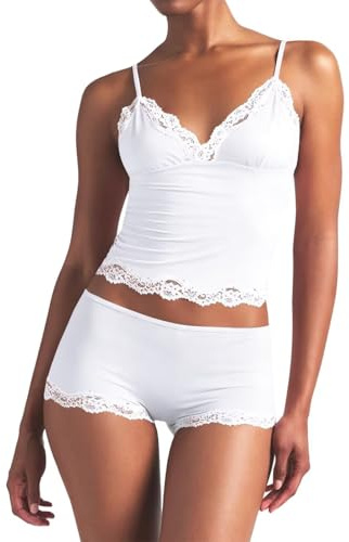 LACOZY Women Cami Pajama Set Lace Camisole Lingerie Sleepwear 2 Piece Cami Shorts PJ Lounge Set White S
