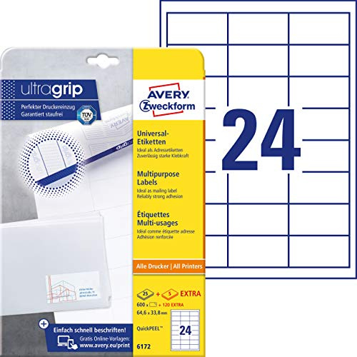 AVERY Zweckform 6172 Adressaufkleber (600 plus 120 Klebeetiketten extra, 64,6x33,8mm auf A4, Papier matt, bedruckbare Absenderetiketten, selbstklebende Adressetiketten mit ultragrip) 30 Blatt, weiß