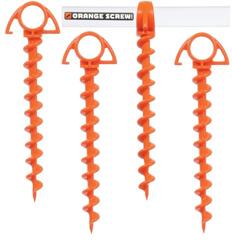 Orange Screw Ultimate Ground Anchors: Heavy Duty Screw-in Tent Stakes for High Wind, Sand, Canopies, and Camping - Made in USA, Included T-Grip Tool - (Small, 4 Pack, Orange)