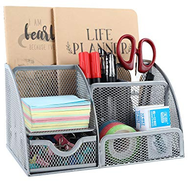 EasyPAG Office Mesh Desk Tidy Versatile Stationery Storage Desktop Organiser Pen Holder with Drawer,Silver