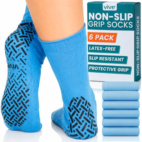Vive Non Slip Socks (6 Pack) - Anti Skid Hospital Rubber Grip - Men/Women