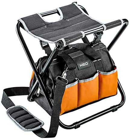 NEO TOOLS Klapphocker mit Werkzeugtasche Klappstuhl Angelhocker Stuhl Werkzeug Tasche Sitz Hocker, 6 Außentaschen 33.8 x 33.5 x 30 cm (LxHxW)