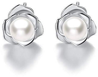 KEETEEN Lovely Rose High Polished 925 Sterling Silver Earrings with 7mm Natural Freshwater Pearl (Earrings)