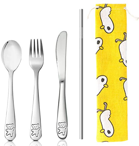 Cubiertos Infantiles, Juego de Cubiertos para Niños Adorable Portátil Juego de Cubiertos- Cuchillo Tenedor Cuchara Paja Cubiertos Bolsa 5pcs