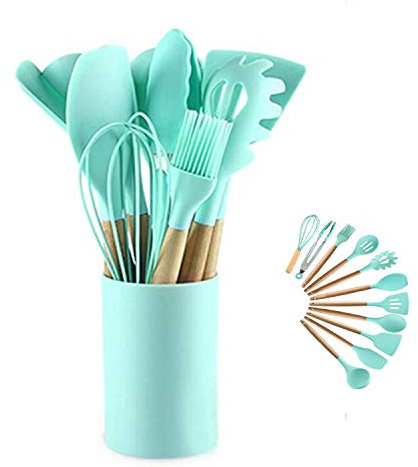 Utensili da cucina in silicone Set di utensili da cucina - 446 ° F Manici in legno resistenti al calore Utensili da cucina grigi Set di strumenti per pentole antiaderenti (Agate Green-12pcs)