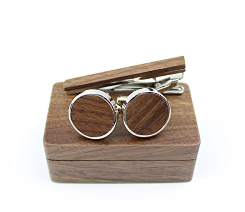 Rustic Walnut Wooden Round Cufflinks Tie Clips Set for Men with Wooden Organizer Box