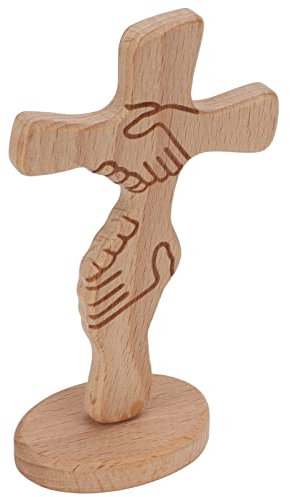 Tyenaza Statua a Croce, Decorazione da Tavolo a Croce in Legno Robusto Legno di faggio Durevole Modello di agitazione della Mano Stabile Struttura intagliata Ornamento a Croce Rustico