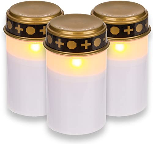MIJOMA Lot de 3 bougies funéraires LED pour l'extérieur - Fonctionne avec piles, effet vacillant réaliste, durée d'éclairage de 6 mois - Lanterne funéraire (Lot de 3, blanc)